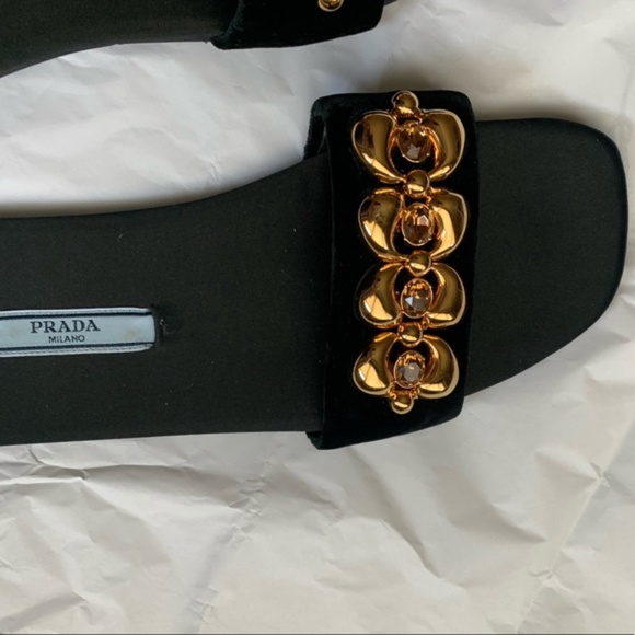 New PRADA Jeweled Velvet Sandals / Slides  $750 w/ Gold & Jewels - Picture 5 of 15